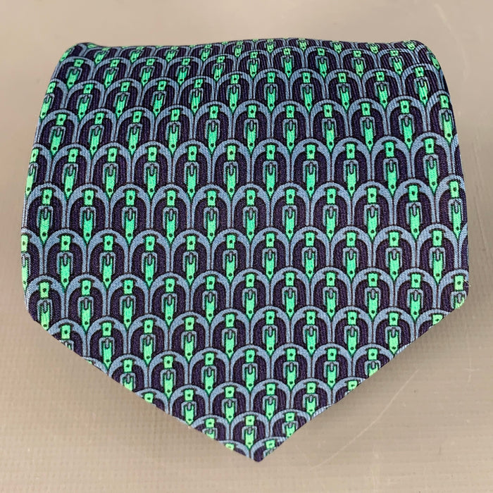 HERMES Navy Green Equestrian Silk Tie