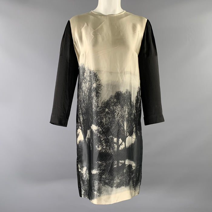 STELLA McCARTNEY Size 4 Black White Silk Landscape Shirt dress Knee-Length Dress
