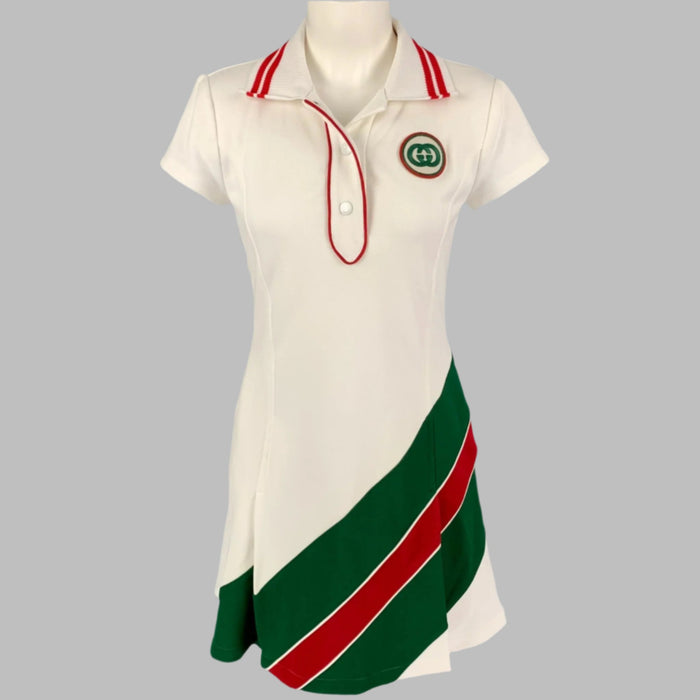 GUCCI Size XS White Green Polyamide Blend Web Stripe Mini Dress