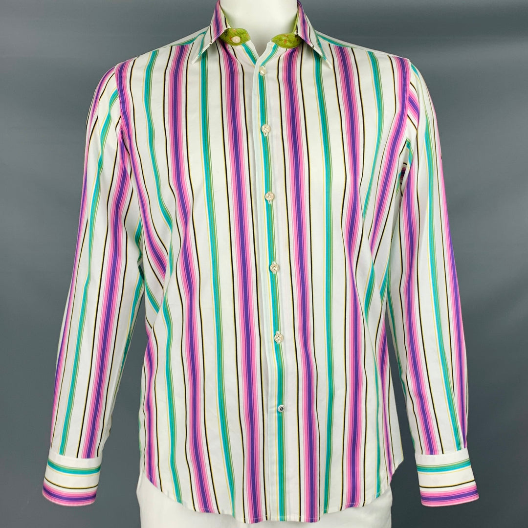 ROBERT GRAHAM Size L White Multi Color Stripe Cotton Button Up Long Sleeve Shirt