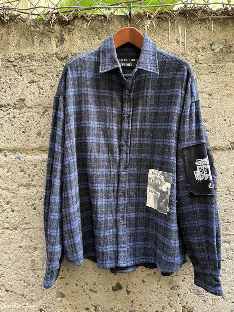 ENFANTS RICHES DEPRIMES SS2016 XL Navy Black Plaid Wool Long Sleeve Shirt
