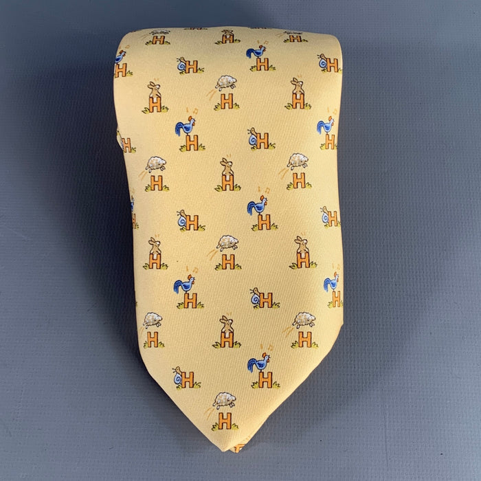 HERMES Green Multi-Color Monogram Silk Tie