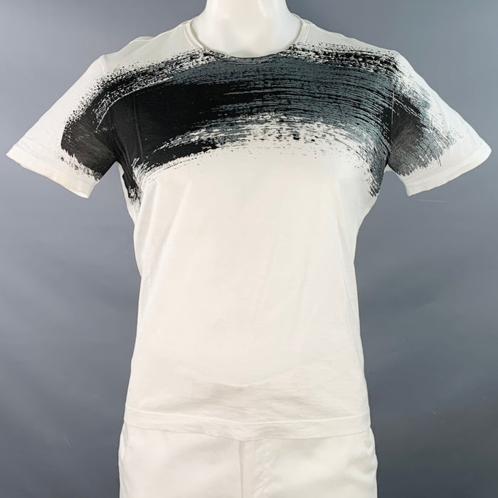 EMPORIO ARMANI Size XL White Black Grey Abstract Brushstroke Cotton Crew Neck T-shirt