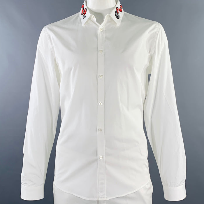 GUCCI Size L White Red Snake Applique Cotton Button Up Long Sleeve Shirt