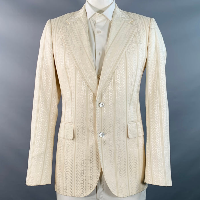 ROBERTO CAVALLI Size 44 Cream Silver Geometric Cotton Blend Jacquard Sport Coat