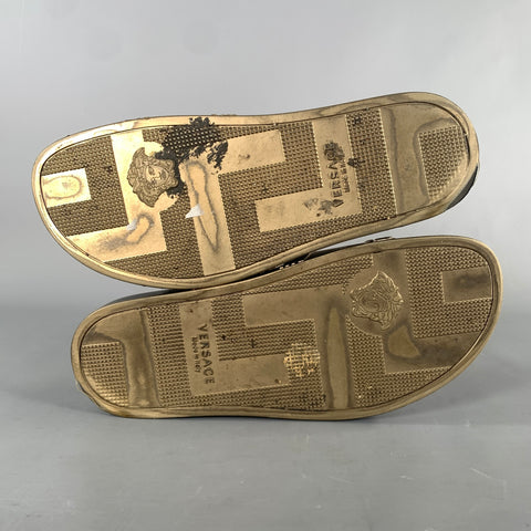 VERSACE Size 9 Gold Black Greca Rubber Slide Sandals