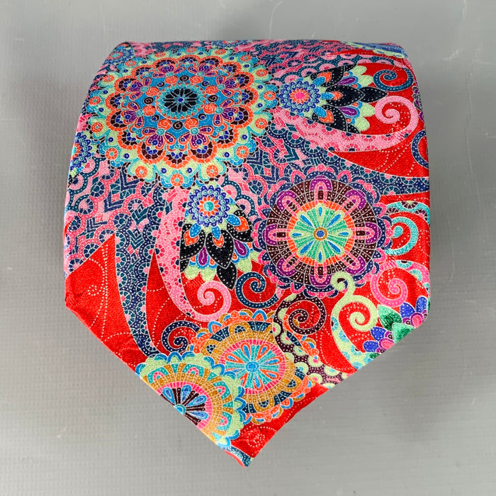 ERMENEGILDO ZEGNA Red Multi Color Abstract Floral Silk Satin Tie