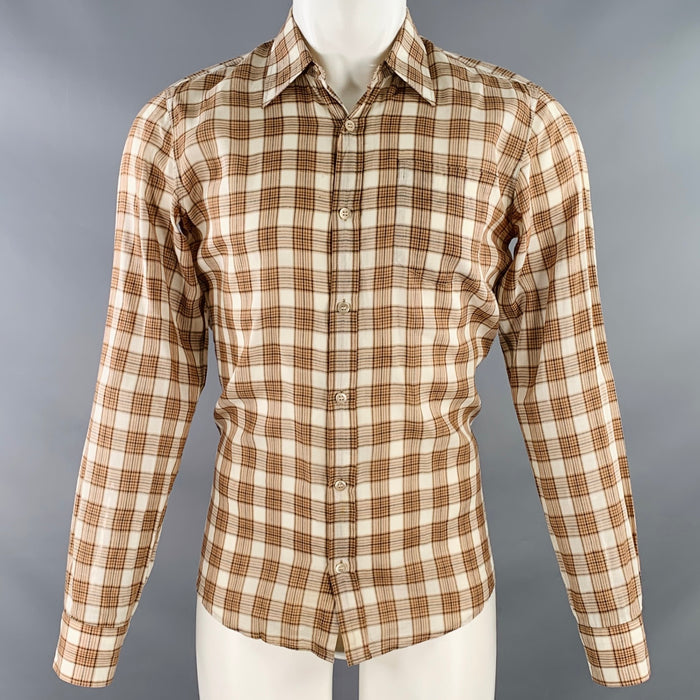 DRIES VAN NOTEN Size 36 Tan Cream Plaid Cotton One Pocket Long Sleeve Shirt
