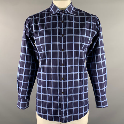 ETRO Size XL Navy Blue Plaid Cotton Spread Collar Long Sleeve Shirt