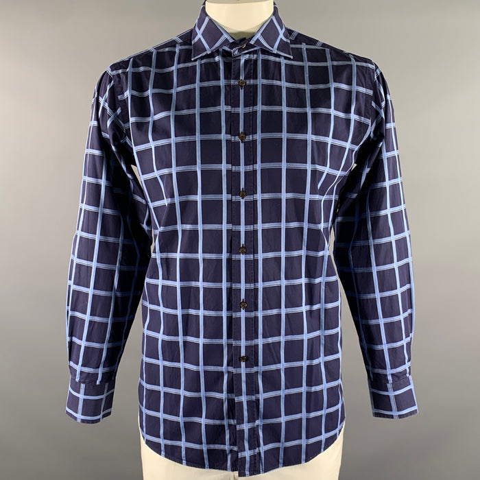 ETRO Size XL Navy Blue Plaid Cotton Spread Collar Long Sleeve Shirt