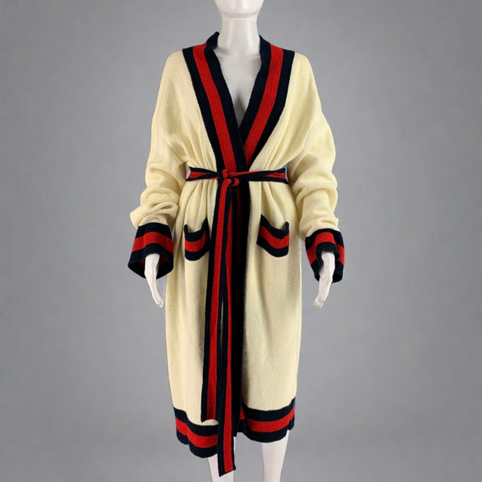 GUCCI Size XS Cream Red Blue Beaded Terry Belted Robe