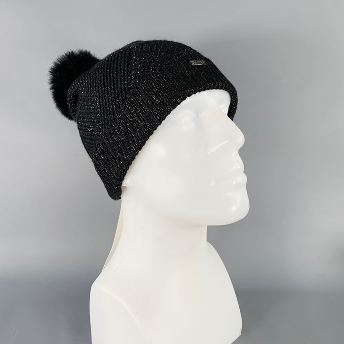 CALVIN KLEIN Black Silver Knit Polyester Blend Scarf Beanie Set