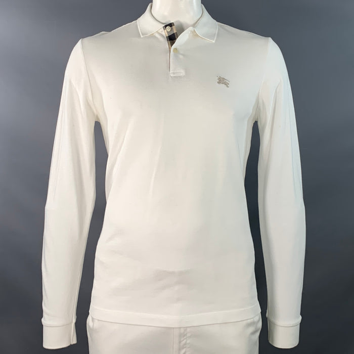 BURBERRY BRIT Size L White Embroidery Cotton Pique Contrast Trim Long Sleeve Polo