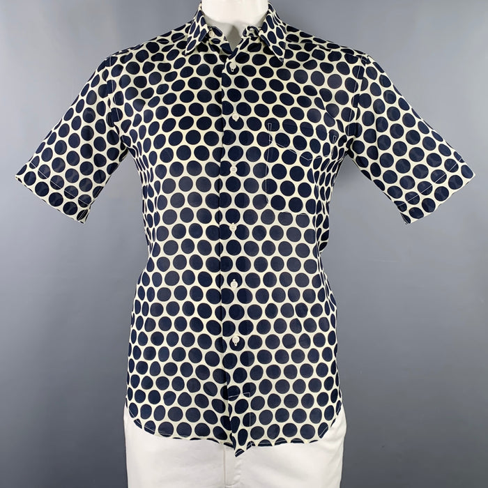 SANDRO Size M Navy Off White Polka Dot Lyocell Blend Short Sleeve Shirt