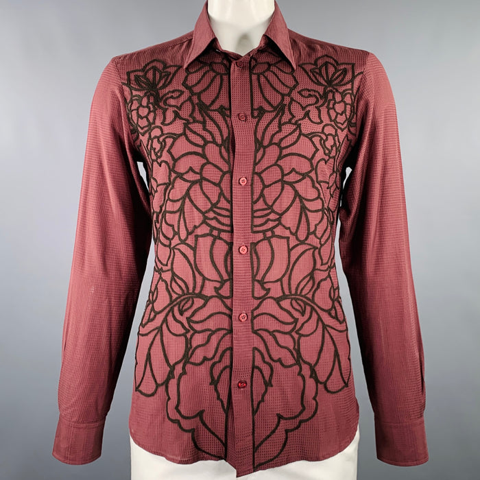 JUST CAVALLI Size L Burgundy Black Embroidery Cotton Silk Long Sleeve Shirt
