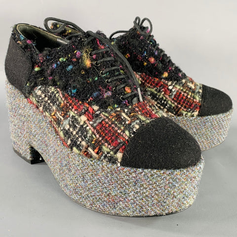 CHANEL Size 6.5 Black Red Grey Tweed Platform Oxford Flats