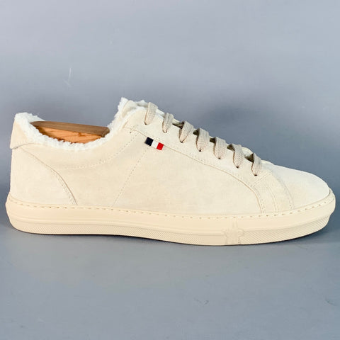 MONCLER Size 9 Beige Stone Suede Low Top Shearling Lined Lace-Up Sneakers