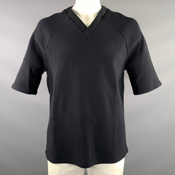 GIVENCHY Size L Black Ribbed Polyamide viscose V Neck Short Sleeve Shirt