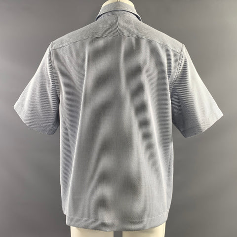 REISS Size L Blue White Stripe Polyester Blend Button Up Short Sleeve Shirt