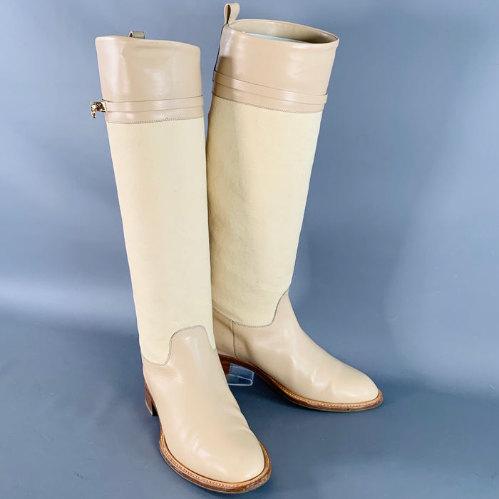 SALVATORE FERRAGAMO Size 8 Beige Leather Canvas Knee High Boots