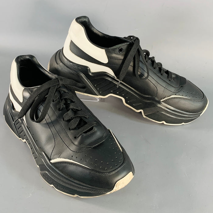DOLCE & GABBANA Size 10 Daymaster Black White Color Block Leather Chunky Sole Sneakers