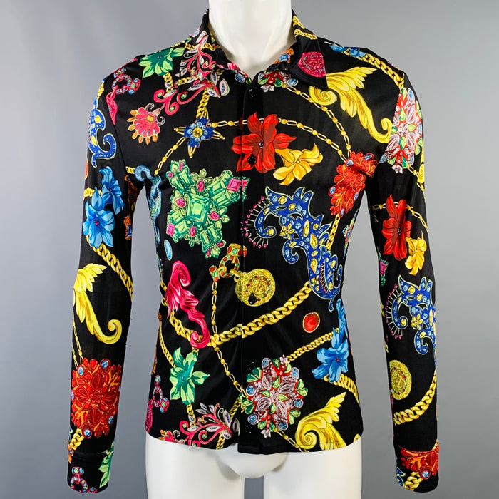 VERSACE SS19 Size S Black Multi Color Floral Silk Pointed Collar Long Sleeve Shirt