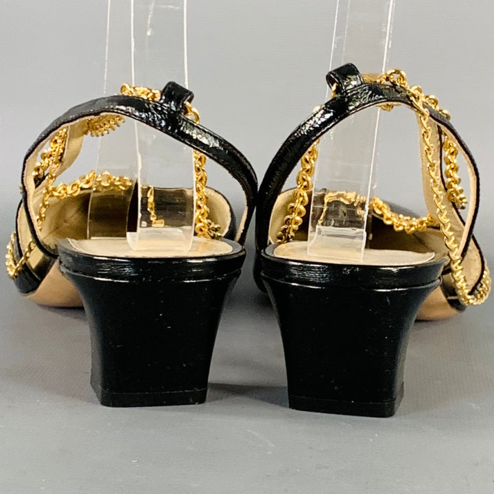 KHAITE Size 9.5 Marfa Black Gold Leather Crinkled Chain Slingback Pumps