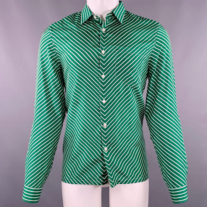 PRADA Size M Green White Stripe Silk One Pocket Long Sleeve Shirt