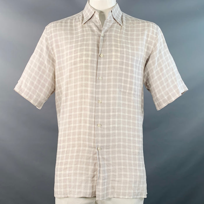 ERMENEGILDO ZEGNA Size L Grey White Plaid Linen One Pocket Short Sleeve Shirt