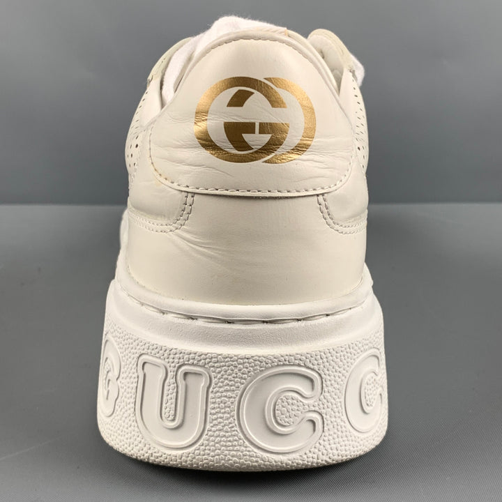 GUCCI Size 11.5 White Monogram Leather Lace Up Sneakers