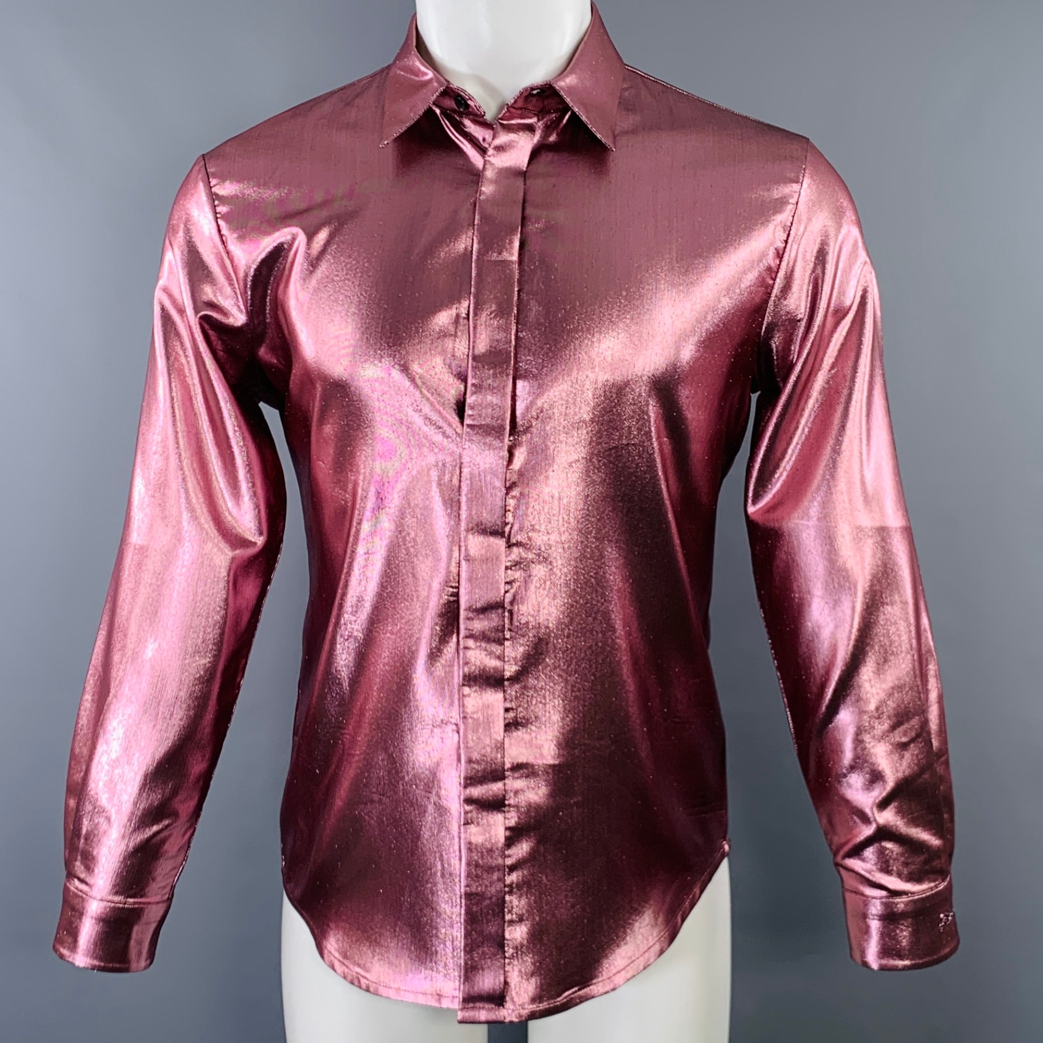JUST CAVALLI Size S Pink Metallic Shimmery Polyester Blend Long Sleeve Shirt Sui Generis Designer Consignment JUST CAVALLI Size S Pink Metallic Shimmery Polyester Blend Long Sleeve Shirt Sui Generis Designer Consignment
