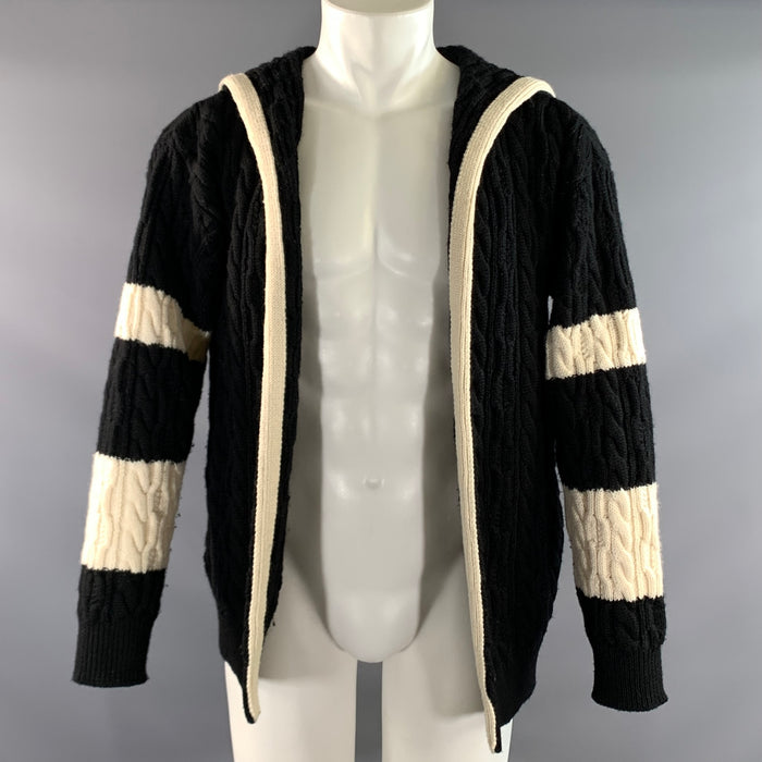 SAINT LAURENT Size L Black White Stripe Wool Hooded Sweater