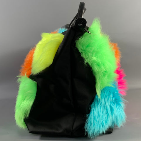 LONGCHAMP Black Color Block Nylon Faux fur Weekender Bag
