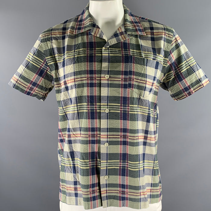 RRL by RALPH LAUREN Size L Blue Green Plaid Cotton Seersucker Camp Short Sleeve Shirt