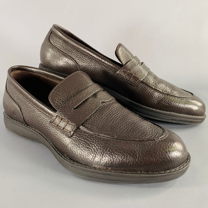 BRIONI Size 10.5 Dark Brown Pebble Grain Leather Penny Loafers