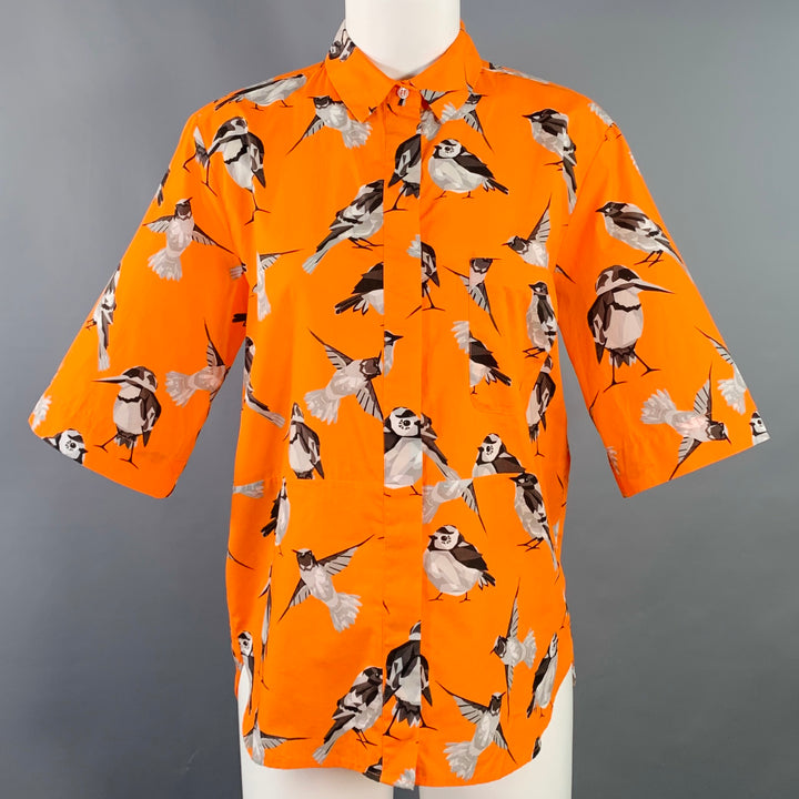 MSGM Size M Orange Black White Cotton Birds One Pocket Short Sleeve Shirt