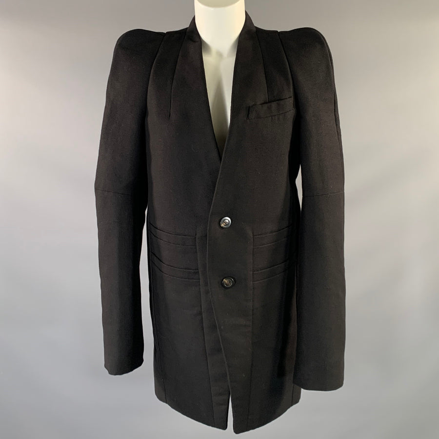 RICK OWENS FW2019 Size M Black Cotton & Silk Collarless Coat
