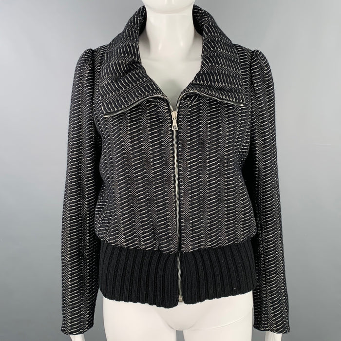 DRIES VAN NOTEN Size S Black White Wool Blend Stripe Zip Up Jacket
