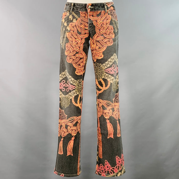 JUST CAVALLI Size 27 Grey Pink Gold Cotton Blend Abstract Tassels Jeans
