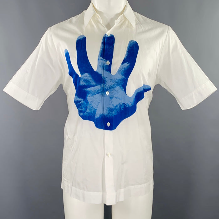 DRIES VAN NOTEN 2019 Size 38 White Blue Hand Print Cotton Short Sleeve Shirt