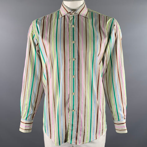 ETRO Size XL Cream Multi-Color Stripe Cotton Long Sleeve Shirt