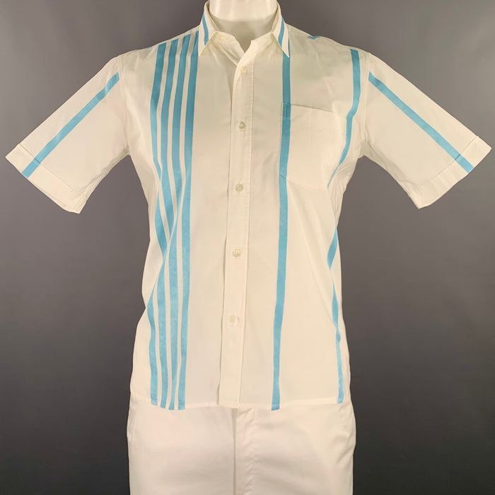 DRIES VAN NOTEN Size 42 White Blue Stripe Cotton Silk Short Sleeve Shirt