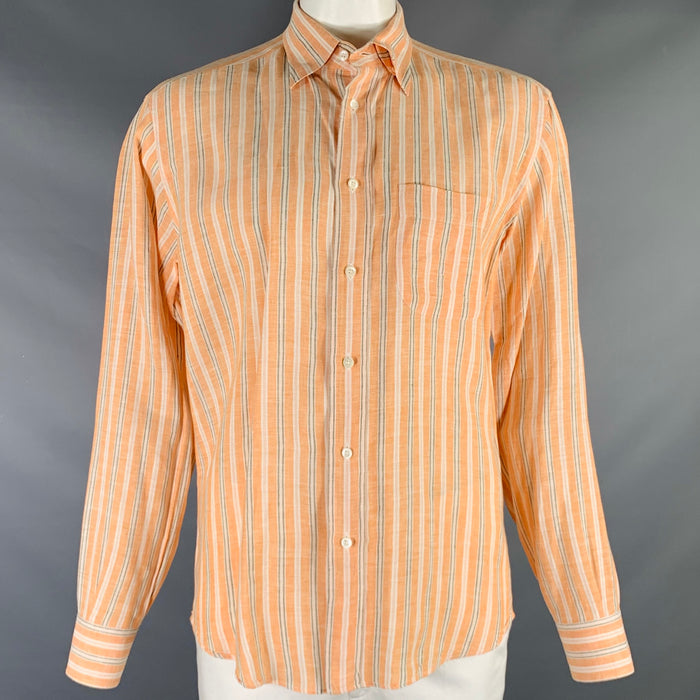 BRIONI Size L Orange Stripe Linen Button Up Long Sleeve Shirt