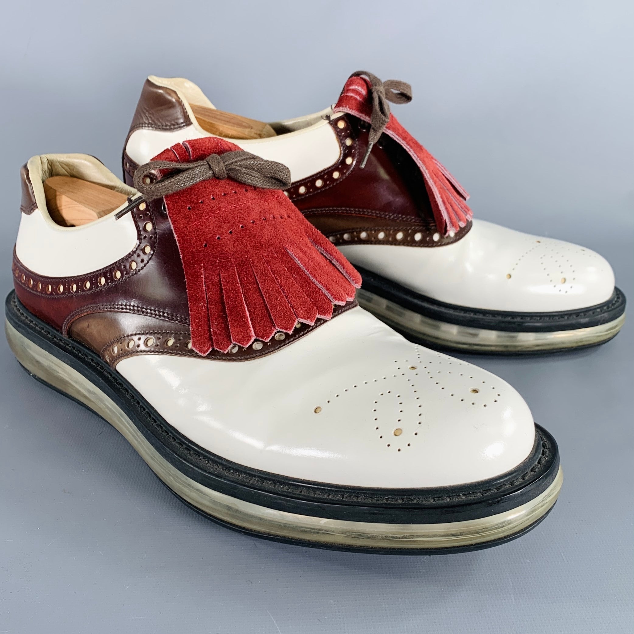 PRADA Size 11 White Burgundy Perforated Leather Lace-Up  display picture 2