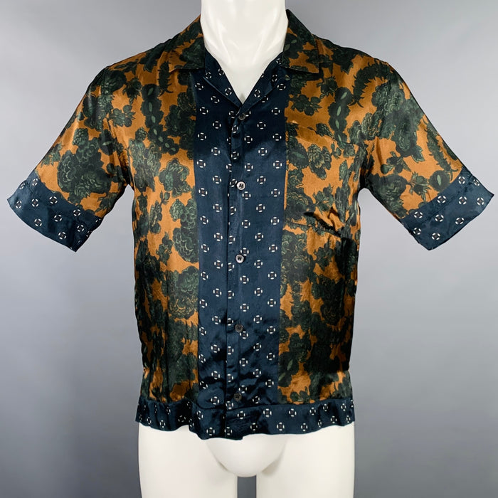 DRIES VAN NOTEN Size S Navy Tan Floral Camp Short Sleeve Shirt