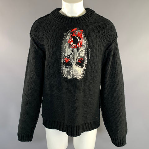 DOUBLET Size L Black White & Red Knitted Wool & Acrylic Crew Neck Sweater