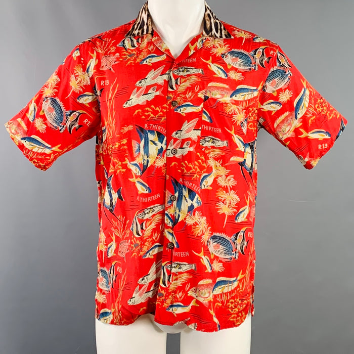 R13 SS19 Size XS Red Multi Color Hawaiian Viscose Camp Short Sleeve Shirt