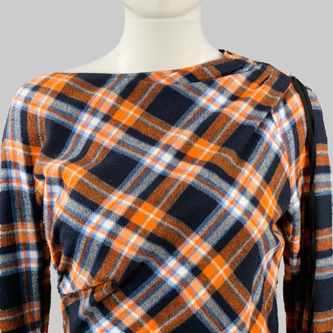N°21 Size 4 Orange Black White Cotton Plaid Asymmetrical Ruched Maxi Dress