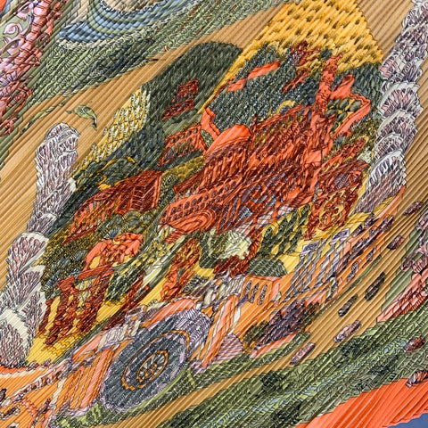 HERMES Orange Green Pleated Silk Scarves