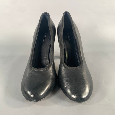 CELINE Size 7.5 Black Silver Leather Slip On Pumps